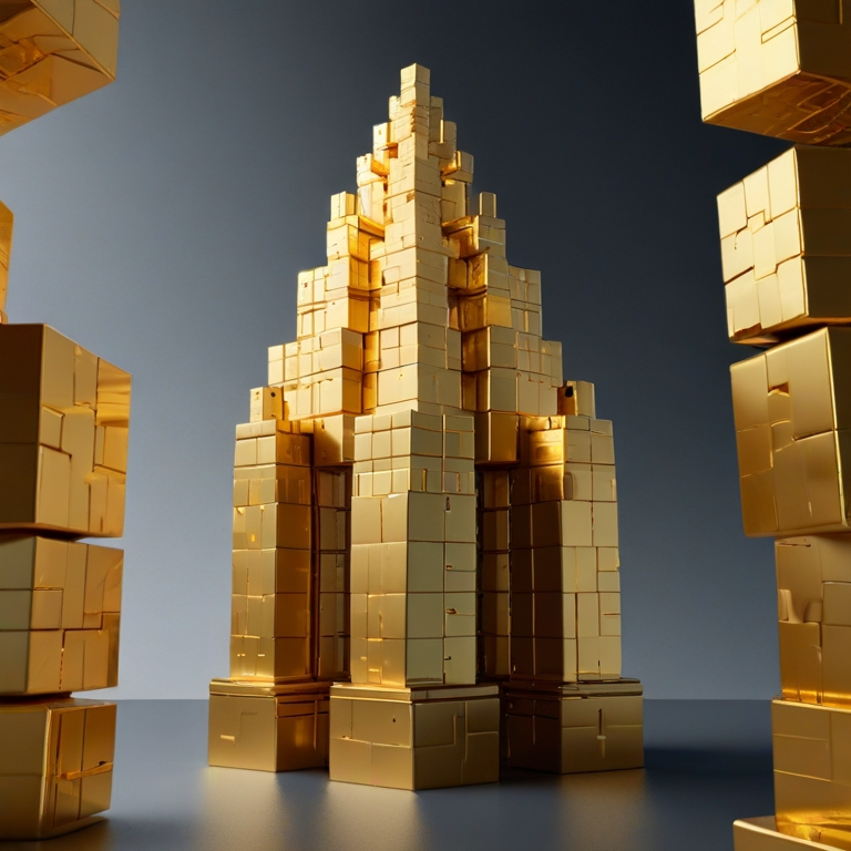 The image represents an abstract idea of a blockchain system built in the form of a golden tower