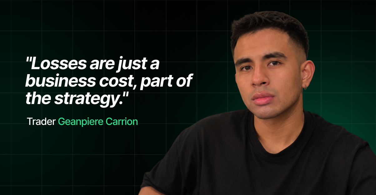 Portrait of trader Geanpiere Carrion against a dark green grid background, alongside his quote "Losses are just a business cost, part of the strategy," reflecting a disciplined, risk-aware mindset toward trading