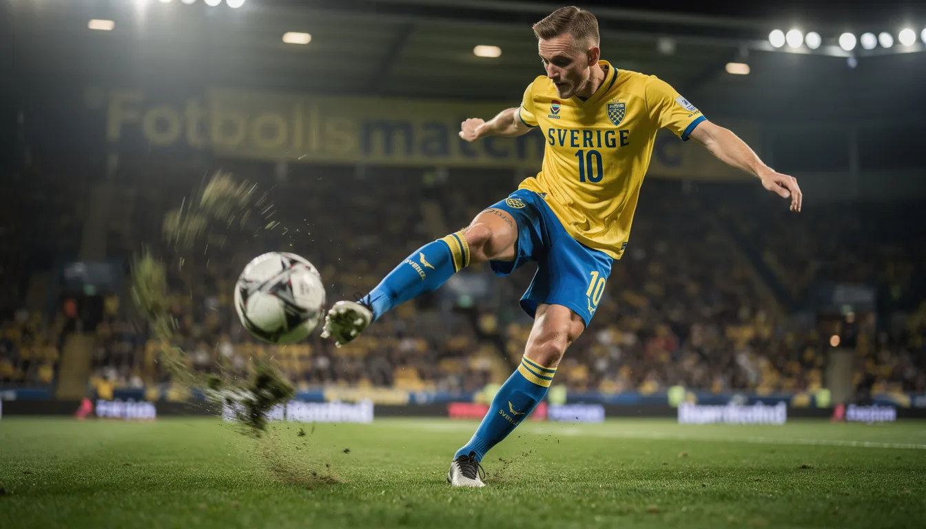 En fotbollsspelare sparkar en boll på en grön gräsmatta, omgiven av en klar blå himmel. Spelaren har på sig en färgglad tröja och shorts, vilket ger en livlig känsla till scenen.