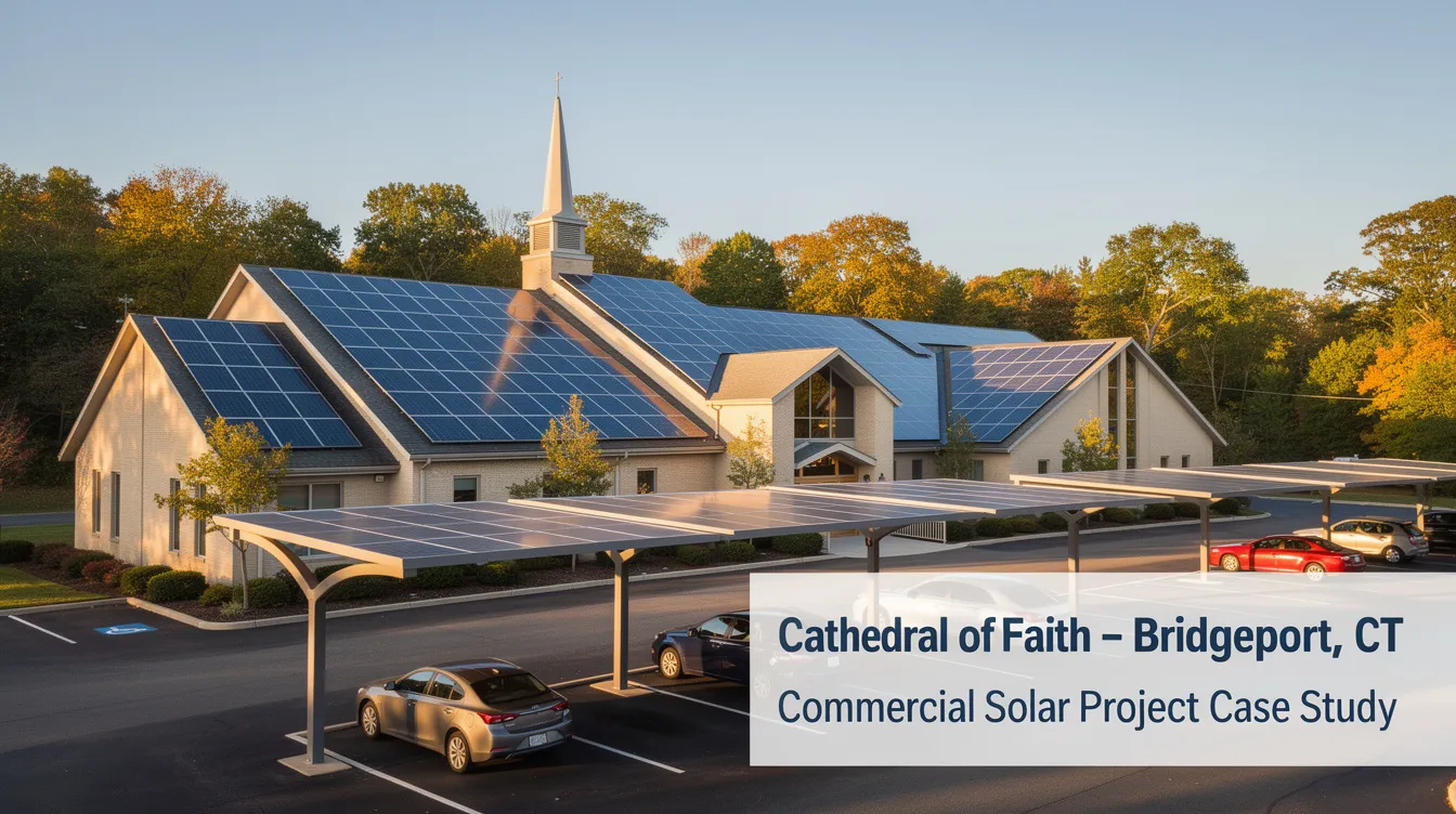 The image depicts a commercial solar power project at the Cathedral of Faith in Bridgeport, CT, showcasing an array of solar panels that harness solar energy to generate clean electricity. This large-scale solar system exemplifies the integration of renewable energy technologies into the community, contributing to a reduced carbon footprint and sustainable power generation.