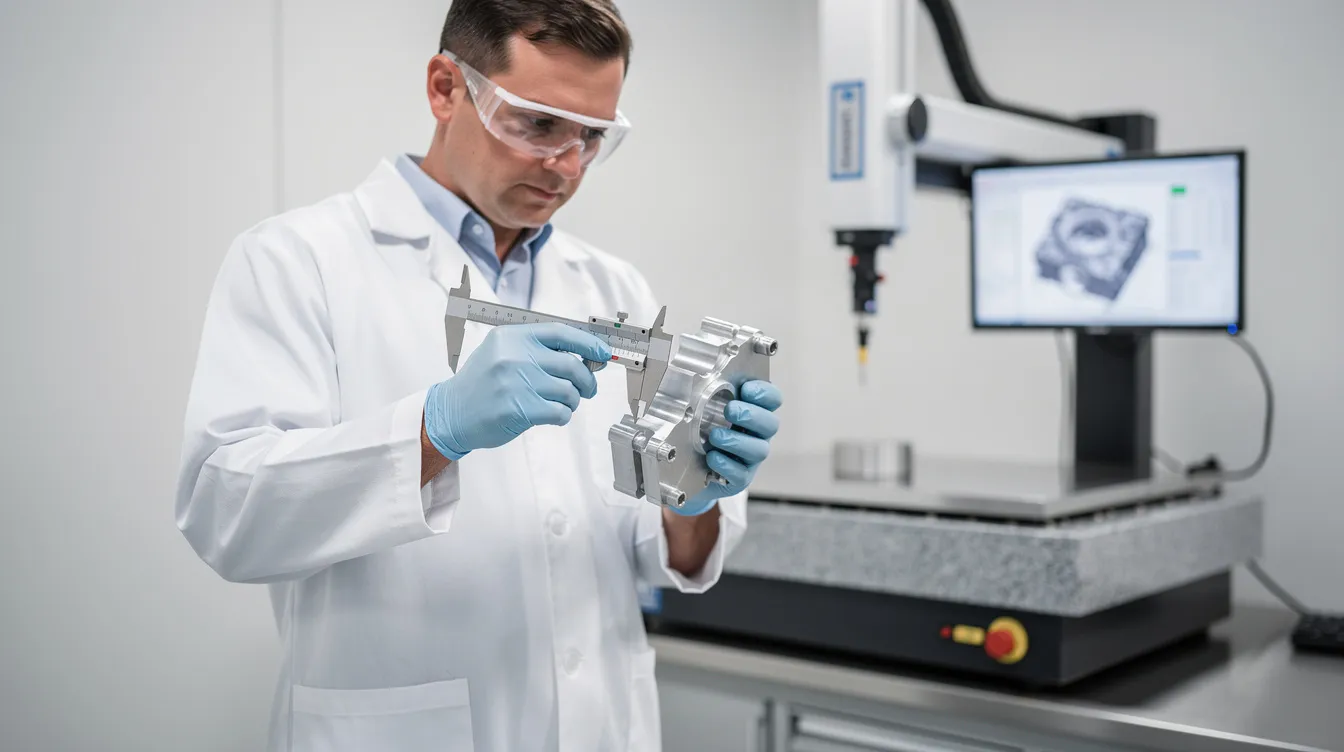 An engineer in a sterile white lab coat is meticulously examining a freshly manufactured metal part with a digital caliper, while a 3D coordinate measuring machine (CMM) monitor displays precision measurements in the background. This scene emphasizes the commitment to exceptional quality and precision manufacturing in the hardware industry, showcasing the rigorous quality control processes involved in CNC machining and rapid prototyping.