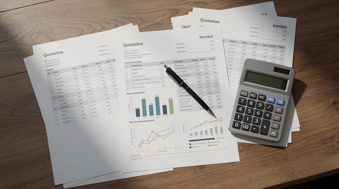 701e048e 9e81 4059 a1c3 602337aec624 The image shows a collection of business documents, including quotations and a detailed project report, alongside a calculator, all arranged on a wooden desk. This setup reflects the financial planning and analysis involved in business loans, such as those under the Mudra loan scheme, emphasizing important aspects like cash flow and expected revenue.