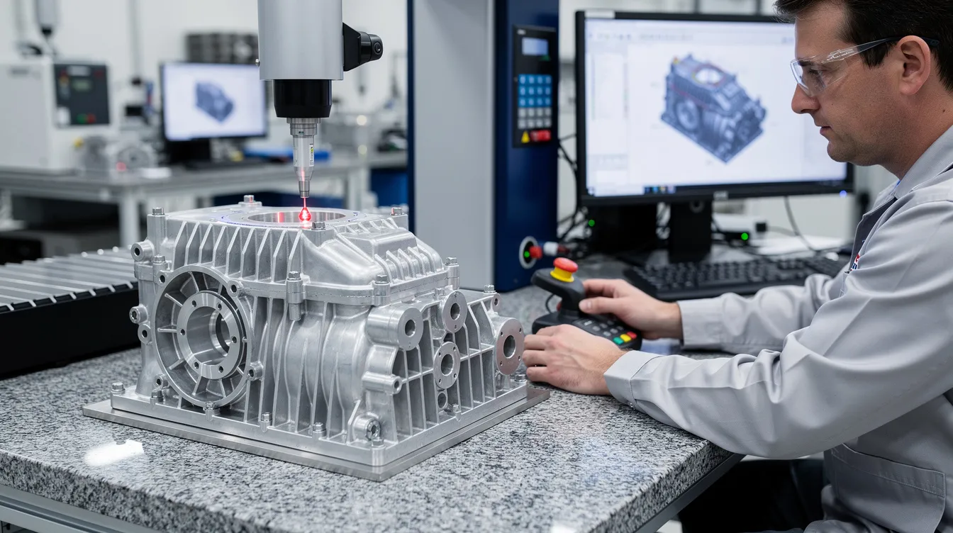 An engineer is inspecting a precision aluminum die cast housing using a coordinate measuring machine, ensuring that it meets exact specifications for high precision and tight tolerances. This process is essential in the die casting industry to deliver high-quality parts and components.