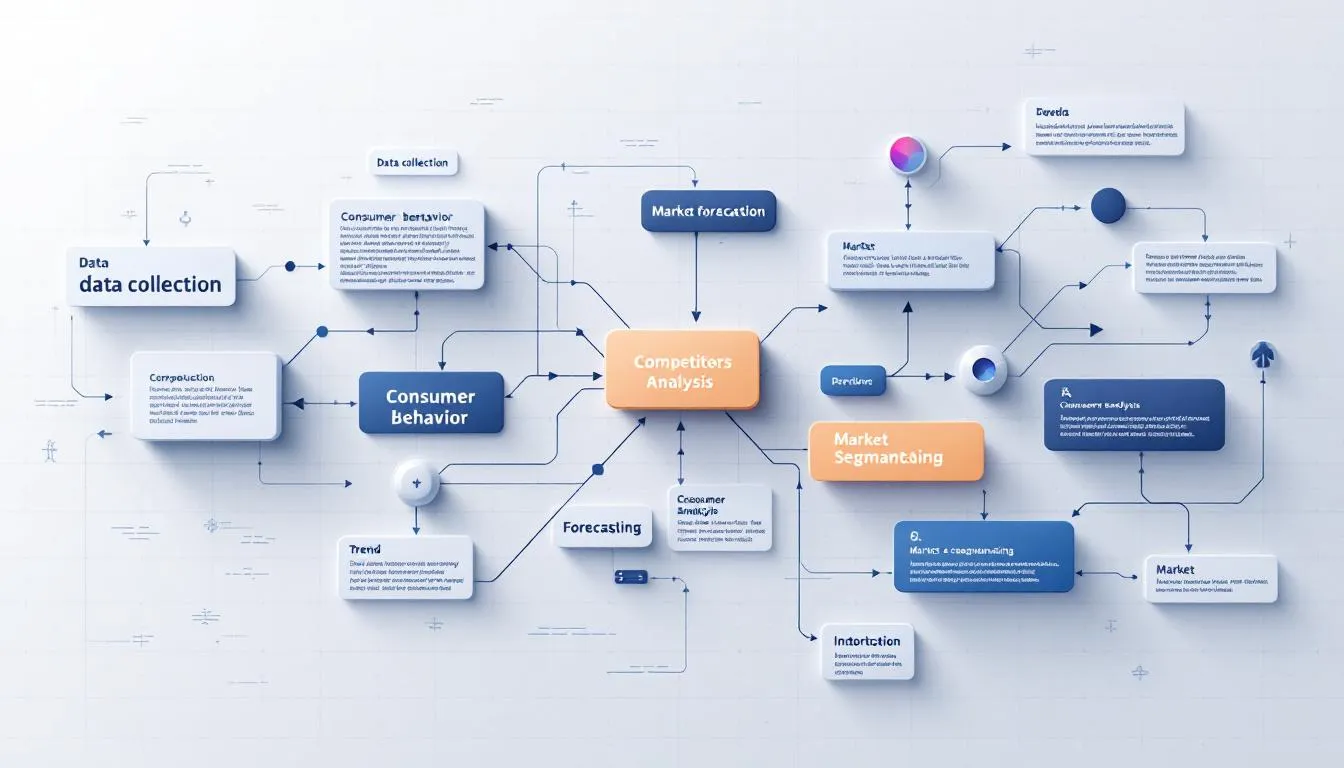 The image depicts a diverse group of professionals engaged in a brainstorming session focused on market research and analysis for an upcoming marketing campaign. They are discussing strategies to identify the target audience and measure campaign success, surrounded by charts and data visualizations that highlight key performance indicators and potential marketing channels.