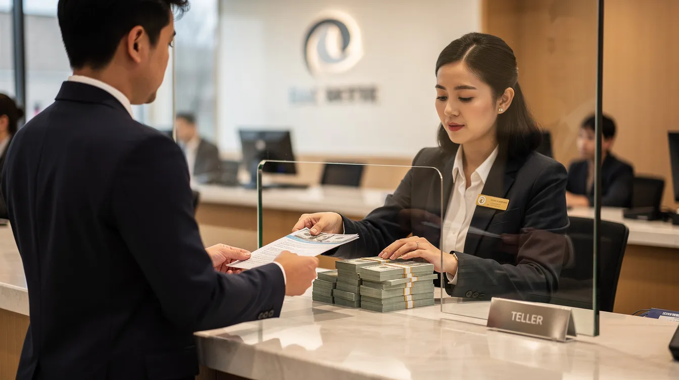 A person is standing at a bank teller window, collecting cash, possibly after completing a money transfer. The scene suggests a transaction involving sending money, hinting at services like MoneyGram for cash pickup or bank account deposits.