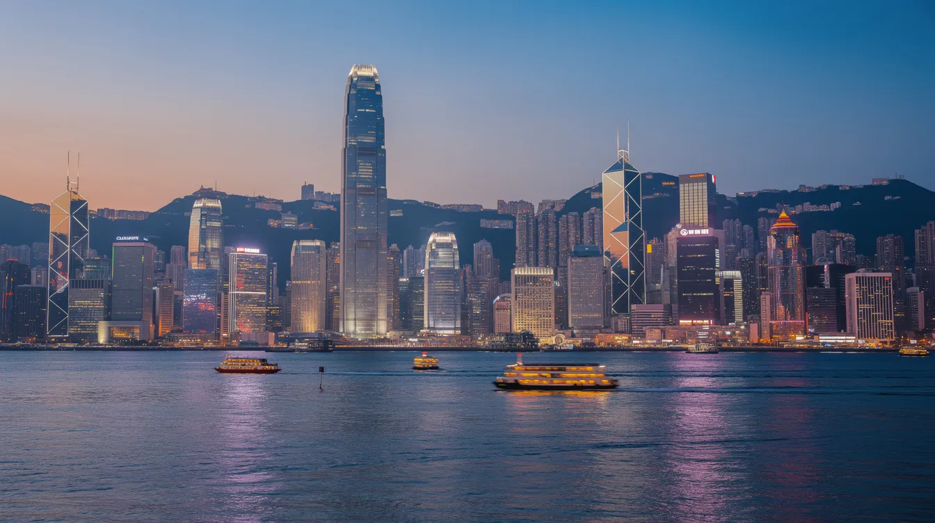 The image depicts the stunning Hong Kong skyline at dusk, showcasing modern commercial buildings illuminated against the twilight sky along the harbour. The scene captures the vibrant city life and financial hub, reflecting the essence of a dynamic urban environment.