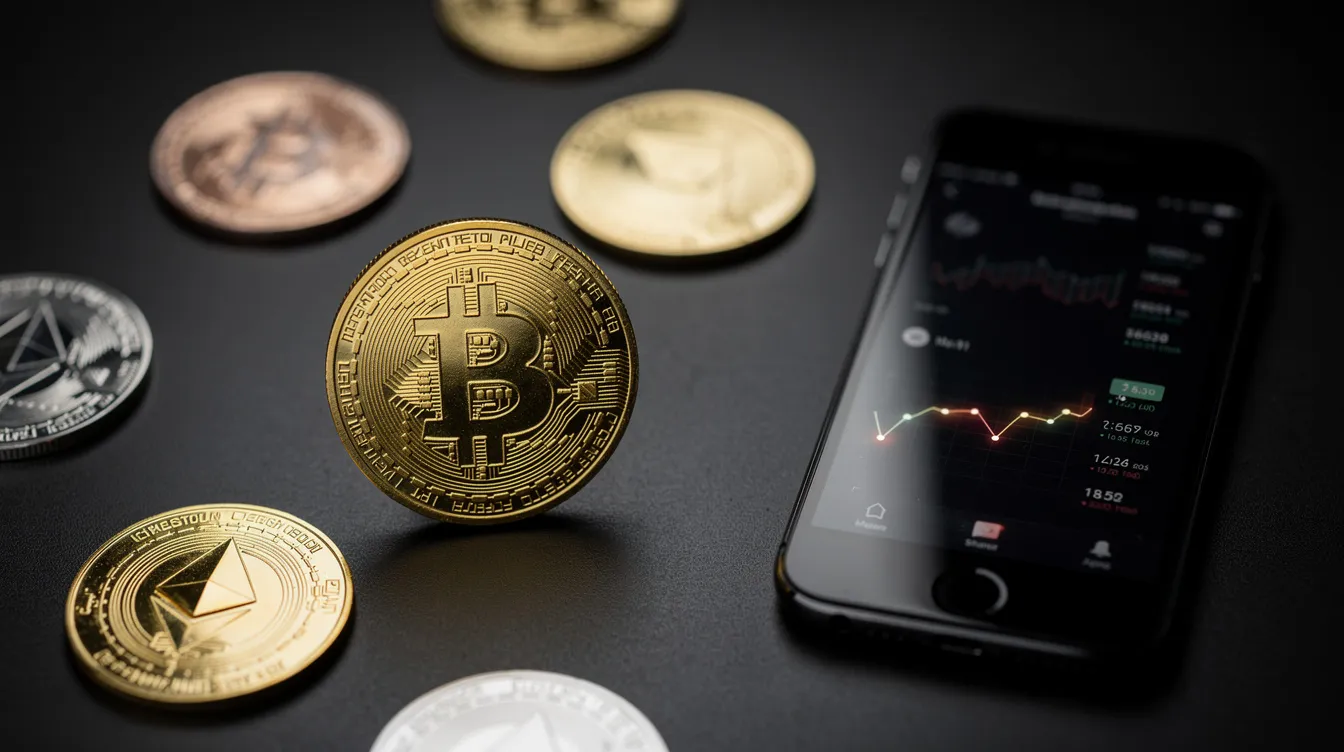 The image features several cryptocurrency coins, including Bitcoin, neatly arranged on a dark surface alongside a smartphone, symbolizing the intersection of digital currency and online gambling. This setup highlights the growing trend of crypto casinos, which are becoming increasingly popular among players in the USA, including those looking for casinos that accept UK players.
