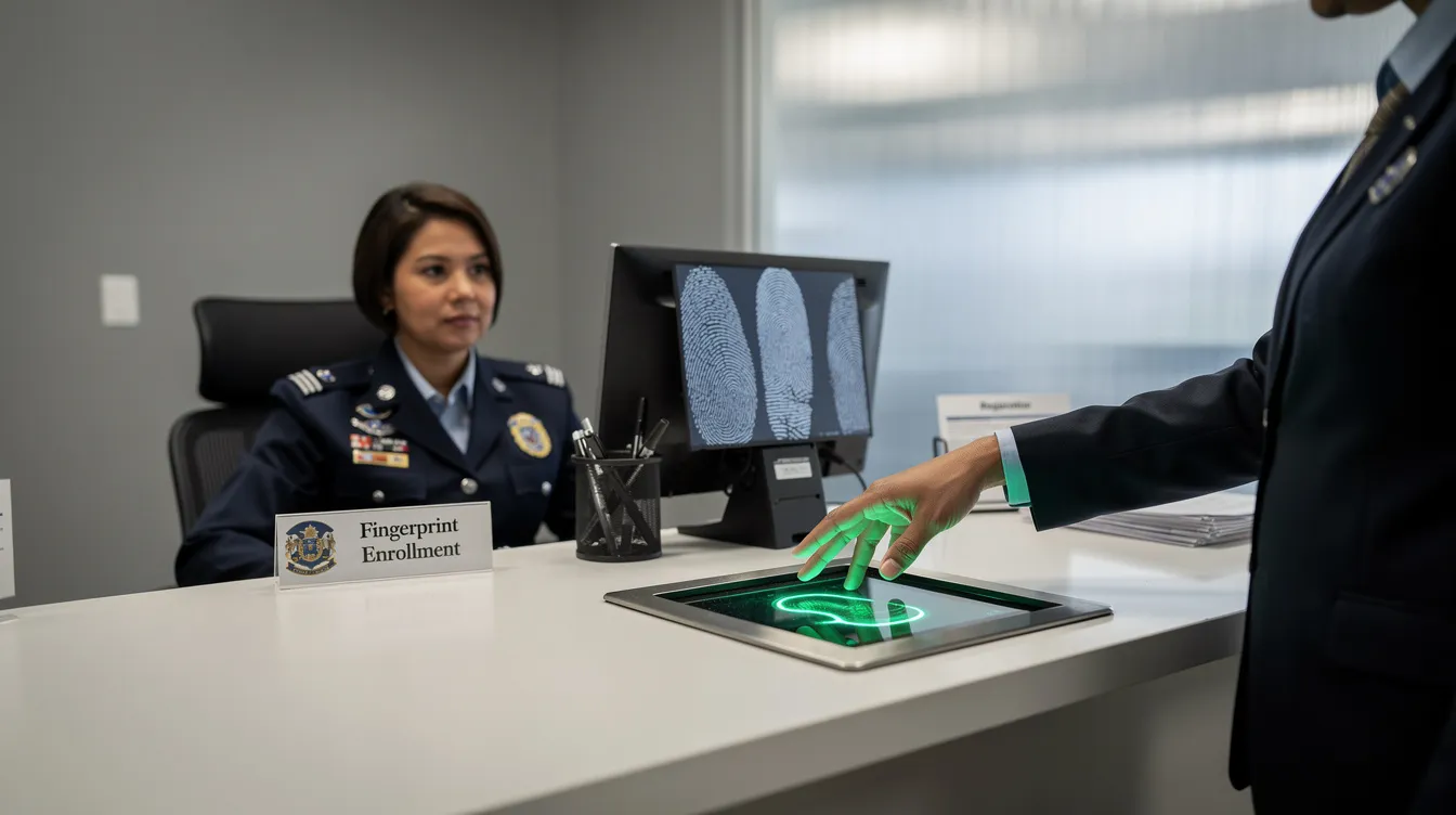 A person is providing their fingerprint biometric data at a government service counter equipped with a digital scanner, part of the NADRA registration process for obtaining an identity document. This verification is essential for Pakistani citizens to complete their applications for services like the national identity card or family registration certificate.