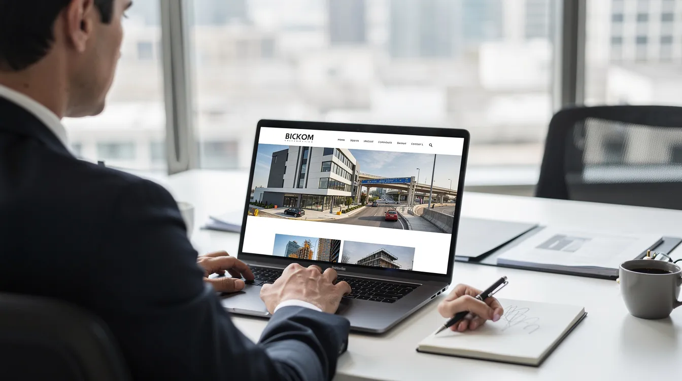 A person is seated in a modern office, intently reviewing a construction company's professional website on a laptop, which displays high-quality project photos showcasing their completed construction projects. This scene highlights the importance of strong brand identity and online presence in the competitive construction industry, aiming to attract potential clients.