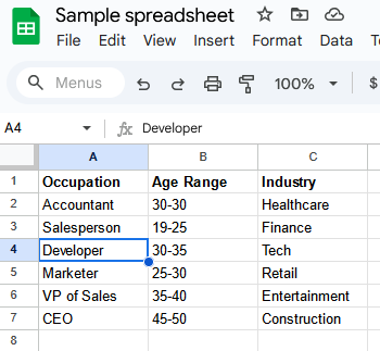 A screenshot of Google Sheets after a row was deleted.