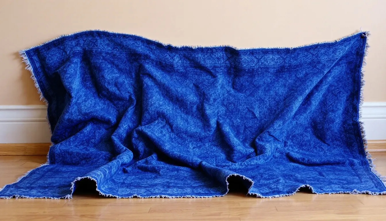 A wrinkled blue polypropylene area rug, with noticeable creases and curling at the edges. 