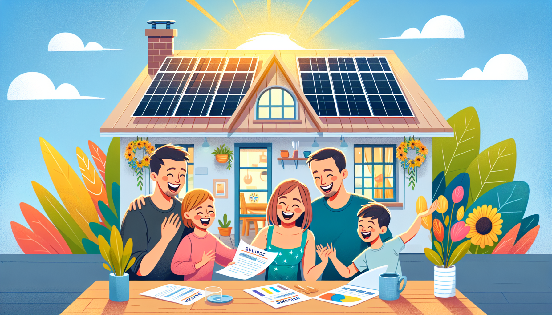 An illustration of a family enjoying savings from solar panels, with a focus on reduced electricity bills.