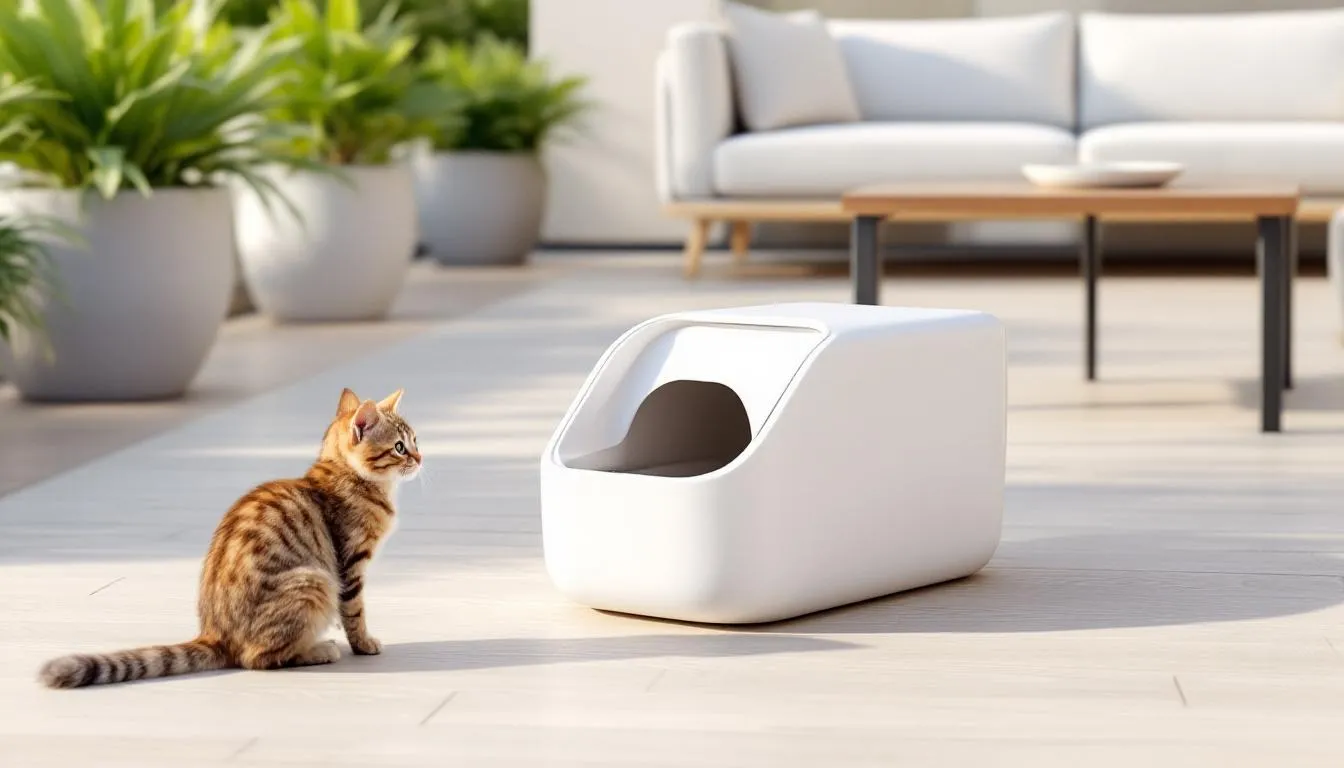 Een moderne outdoor kattenbak van Ferplast staat op een terras, met een kat ernaast die nieuwsgierig naar de kattenbak kijkt. De kattenbak heeft een waterdichte plastic kap en een grote opening, ideaal voor grote kattenrassen, en biedt voldoende ruimte voor het begraven van ontlasting.