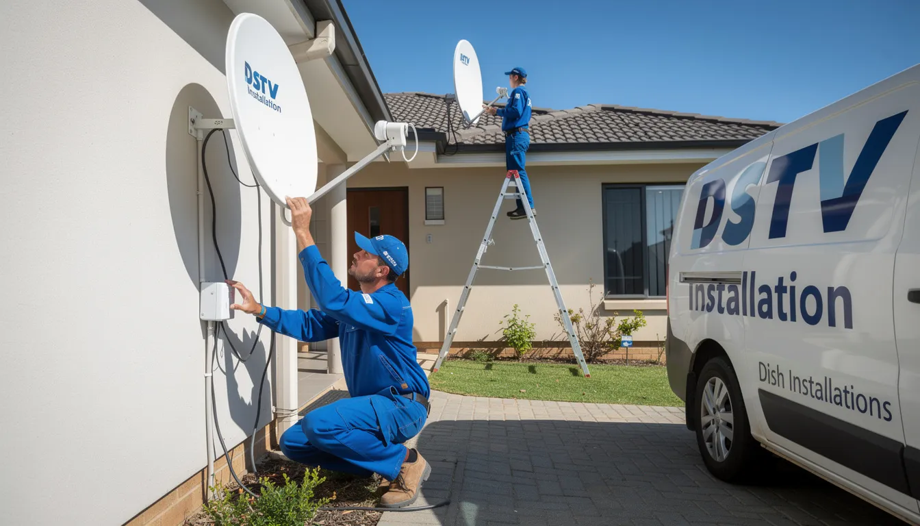 The image showcases a professional DSTV installation service, featuring trained technicians setting up a satellite dish on a roof in a West Coast suburb, specifically Langebaan. The scene emphasizes quality service and expertise, highlighting the importance of reliable installations for optimal entertainment.