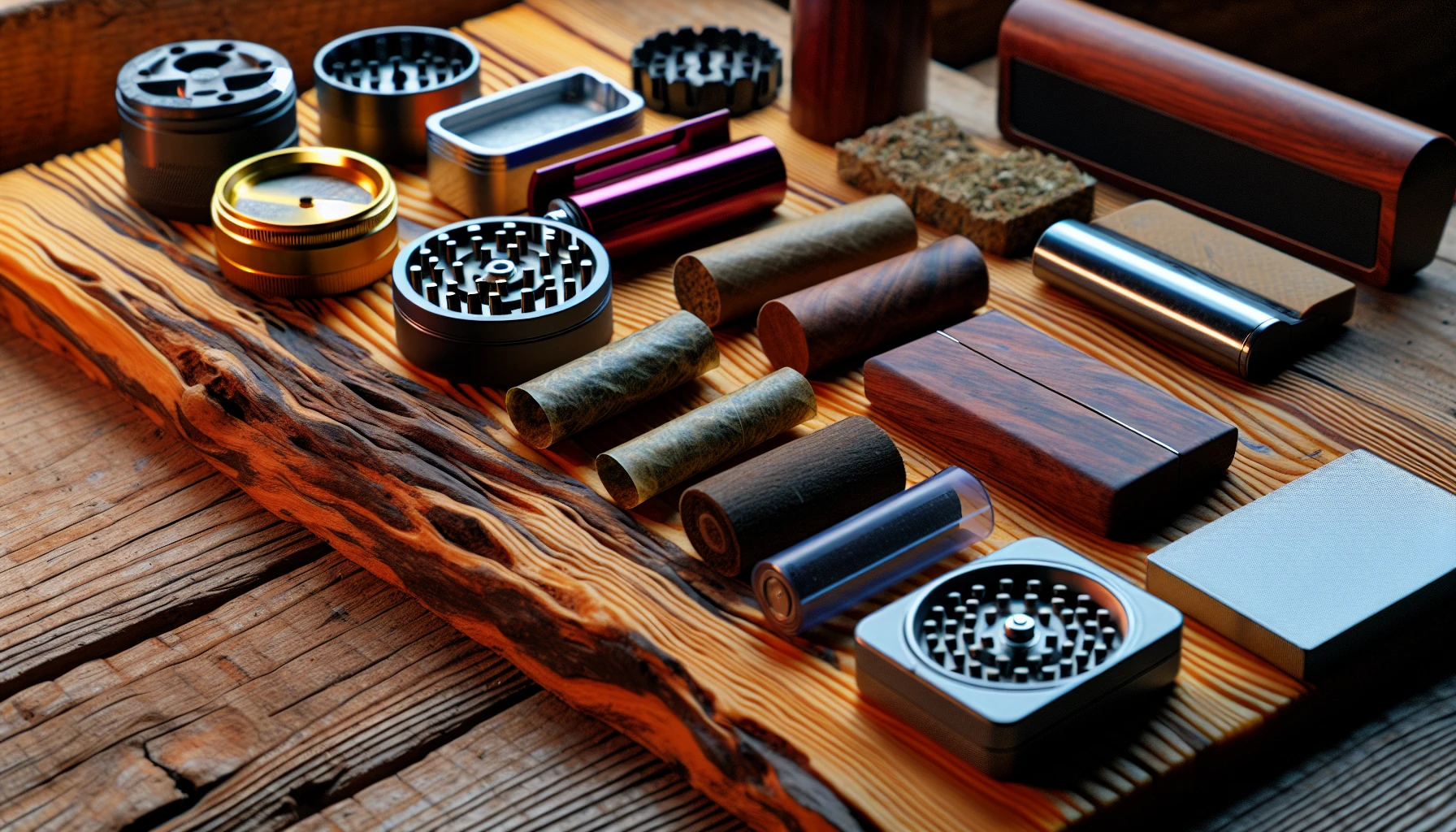Various smoking accessories including rolling papers, grinders, and lighters