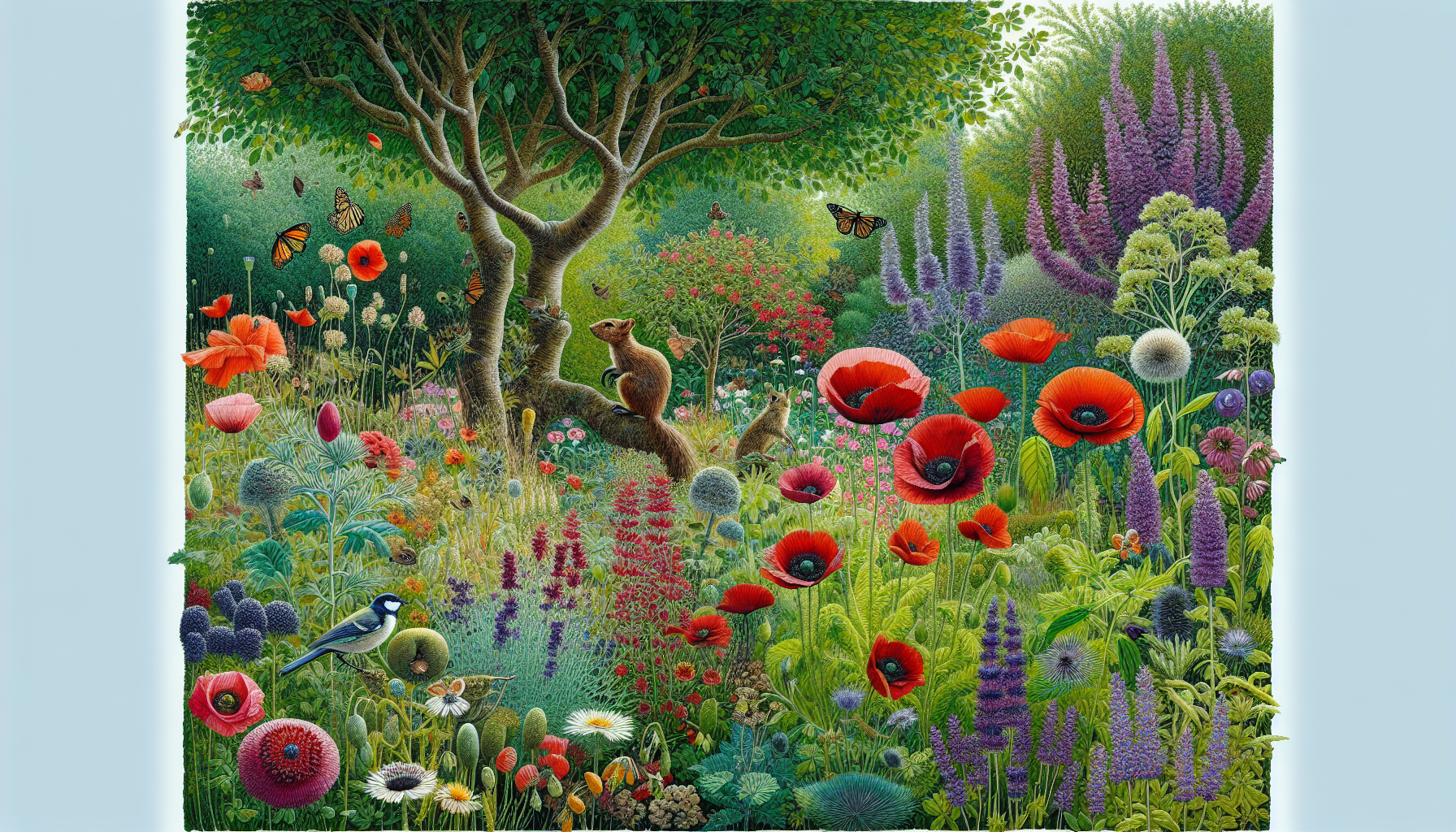 Native plant garden with diverse wildlife