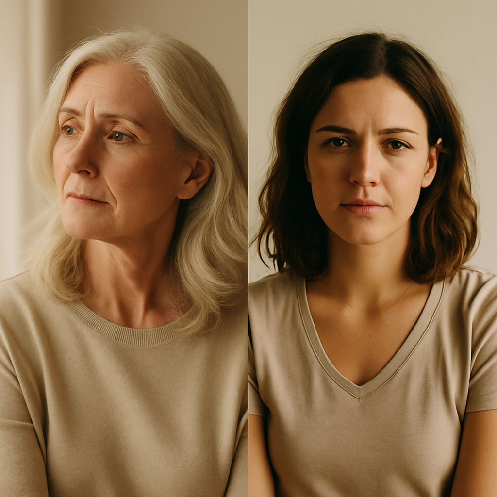 Side-by-side portrait of two women—one in her 50s and one in her 30s—representing the hormonal and vaginal health needs of both menopausal and postpartum women