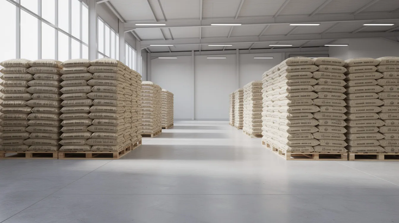 7032217c 21cf 46d2 8f12 5db8cbdfc1d2 The image shows a clean warehouse interior featuring neatly stacked bags of rice grains on wooden pallets, indicating an organized environment for the puffed rice industry. This setup reflects the meticulous planning and quality control essential for the manufacturing process of crispy puffed snacks.