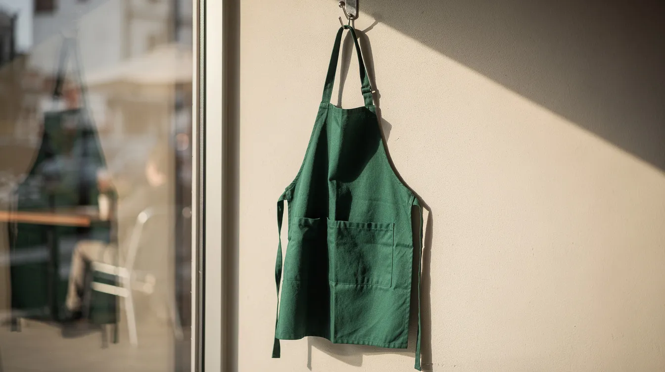 A Starbucks green apron is hanging on a hook by a sunny window, creating a warm and inviting atmosphere that reflects the spirit of the store. This image captures a moment of tranquility in a vibrant coffee shop setting, reminiscent of the dedication of Starbucks partners.
