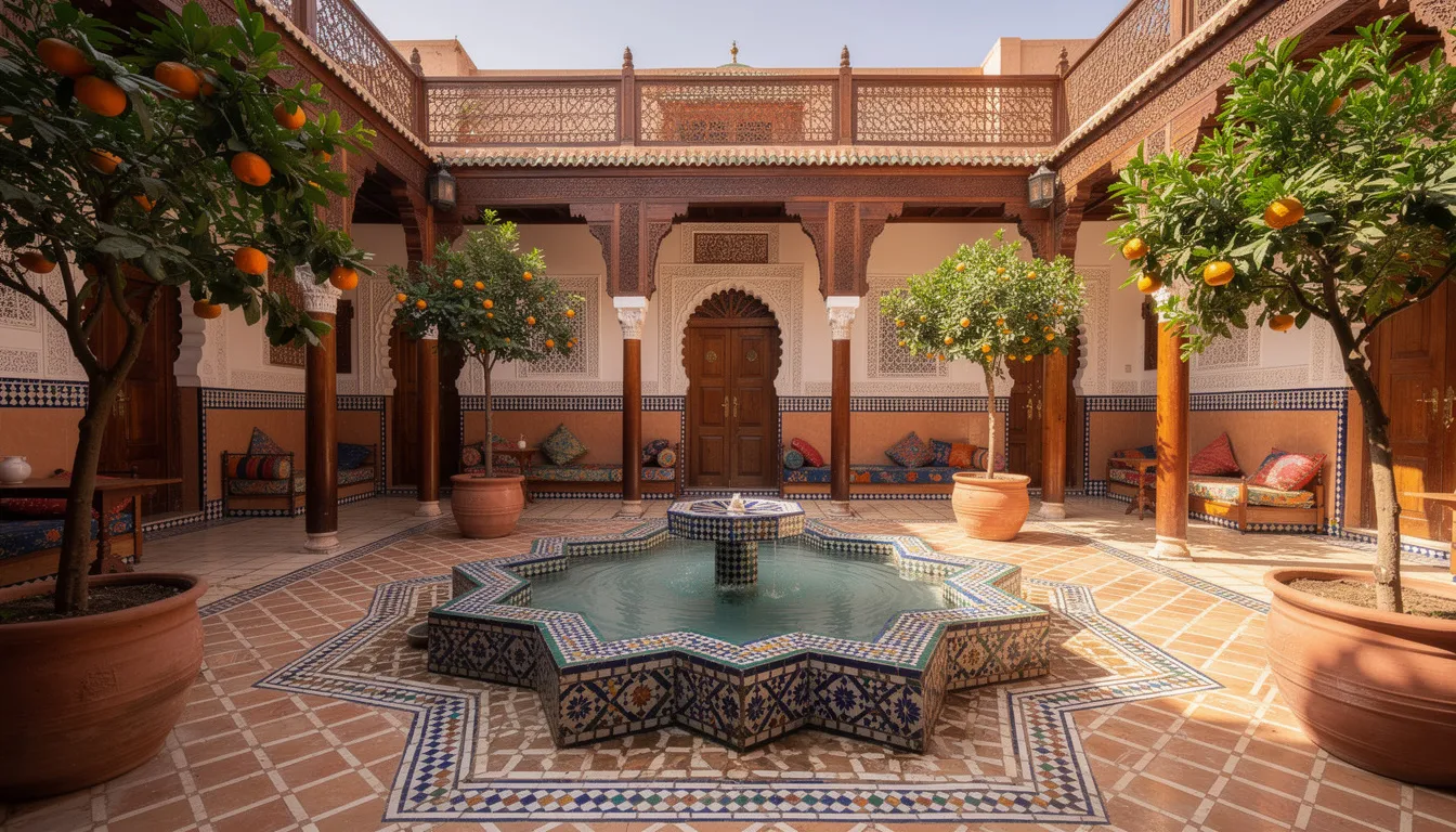 The image depicts a traditional riad courtyard in Marrakech, featuring a serene tiled fountain surrounded by lush orange trees and intricately carved wooden balconies. This tranquil setting reflects the essence of Moroccan culture, inviting visitors to explore the beautiful city and its rich architectural heritage.
