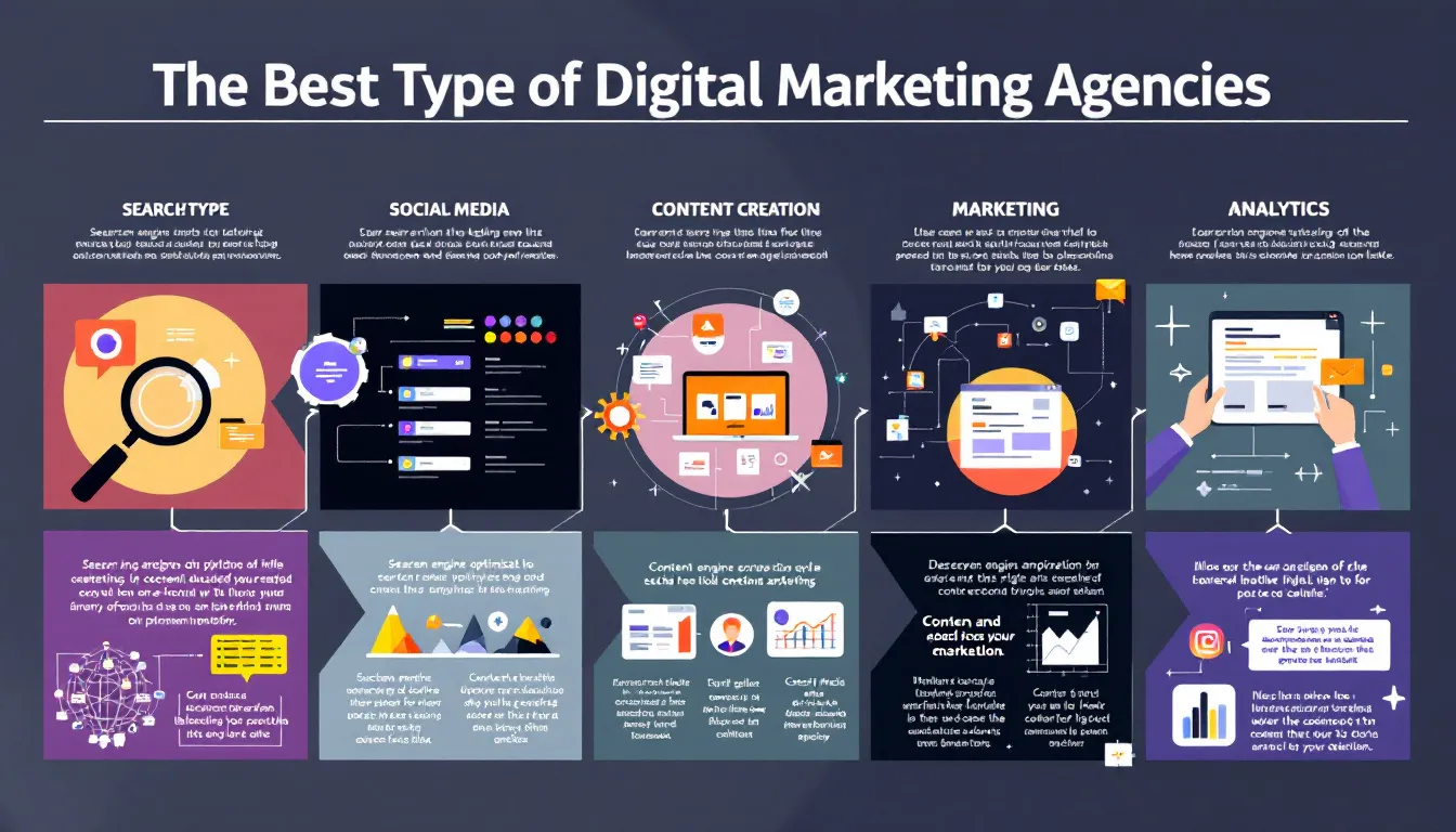 Different types of digital marketing agencies, categorized visually.