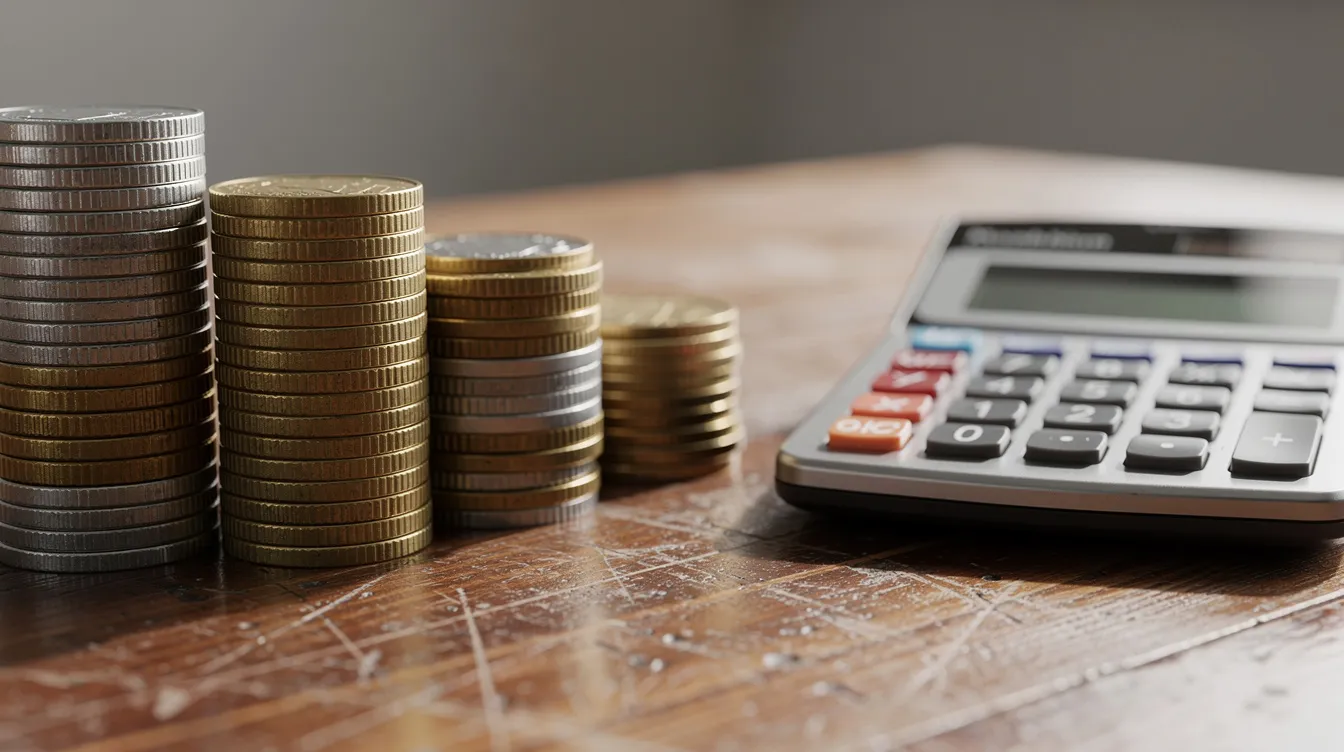 The image shows a stack of coins placed beside a small calculator on a wooden desk, suggesting a focus on financial calculations and budgeting. This scene evokes themes related to 二線 財務 and managing debts, highlighting the importance of financial planning.