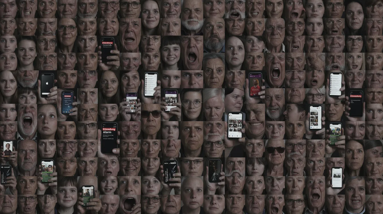 Das Bild zeigt ein Mosaik aus vielen verschiedenen Gesichtern, sowohl alte als auch junge Menschen, die unterschiedliche Emotionen wie Angst, Gleichgültigkeit und Wut ausdrücken. Einige halten Smartphones hoch, während andere nach oben oder unten blicken, was die Themen von Wissenschaft und Gefahr, die im Netflix-Film "Don't Look Up" behandelt werden, visuell widerspiegelt.