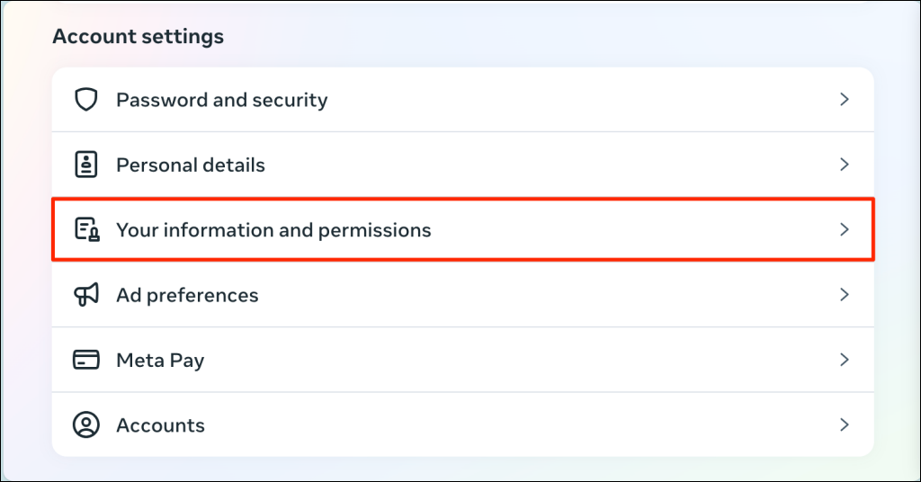"Your information and permissions" highlighted on Instagram account settings page