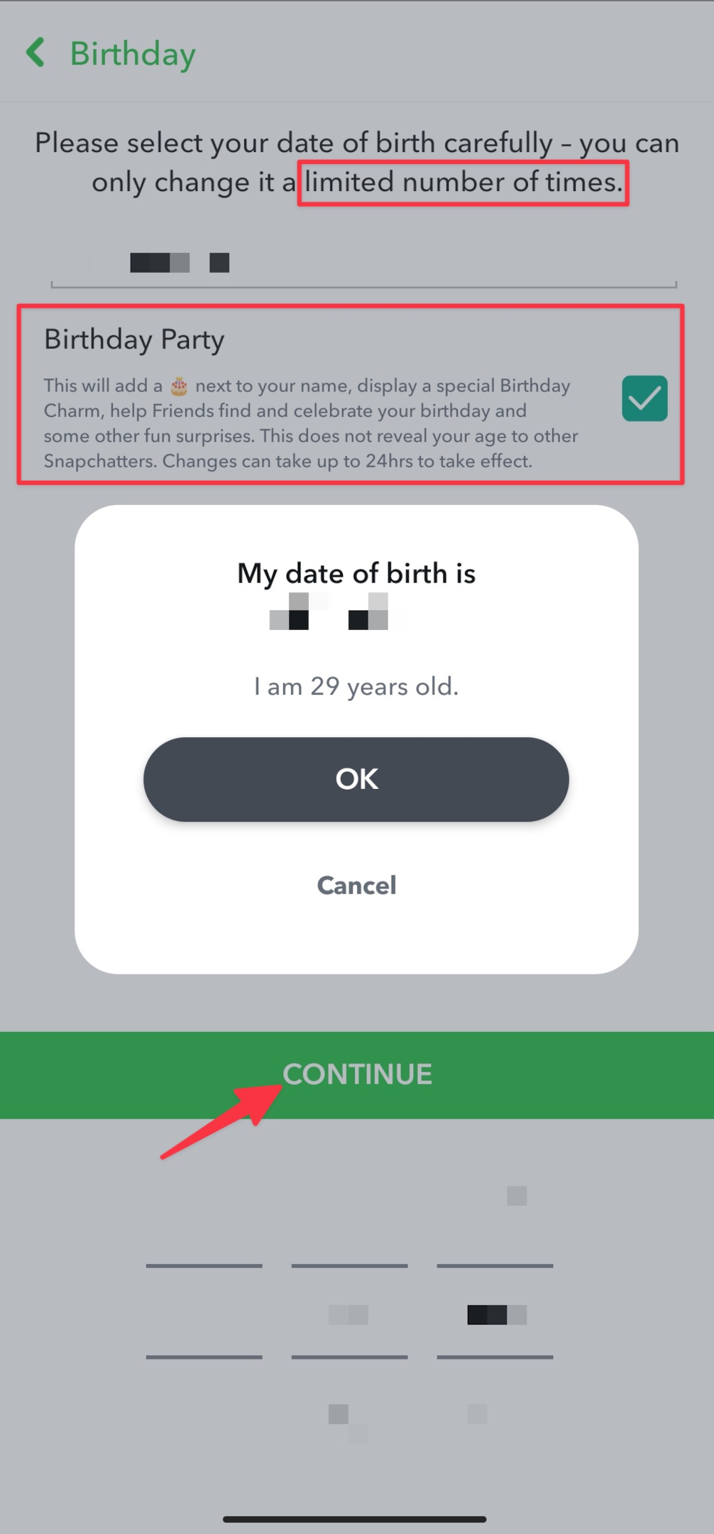 Remote.tools shows the confirmation popup to change your Birthday (along with the birth year) on Snapchat