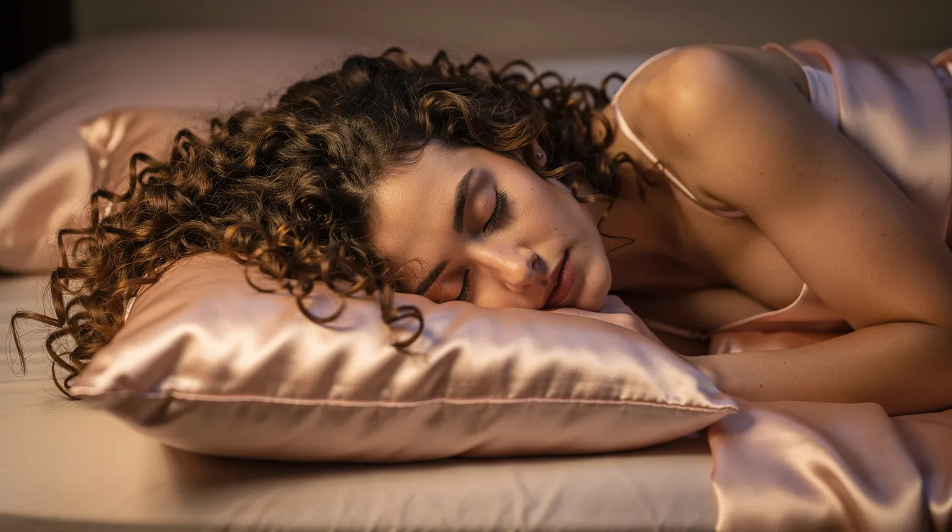 A person with long, curly hair is sleeping peacefully on a luxurious silk pillowcase, which provides a smooth surface that reduces friction and helps maintain healthier hair and delicate facial skin. The silk fabric offers natural hypoallergenic properties, making it ideal for those with sensitive skin, ensuring a restful sleep without sleep creases or hair breakage.