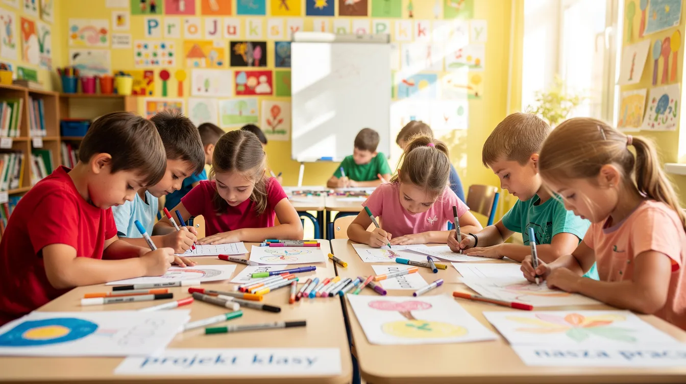 W kolorowej klasie szkolnej uczniowie pracują w grupach przy stolikach, zajęci zadaniami z kartkami i flamastrami. Atmosfera sprzyja wsp&oacute;łpracy, a tematyka lekcji może dotyczyć liczby pi oraz rebus&oacute;w związanych z tym zagadnieniem.
