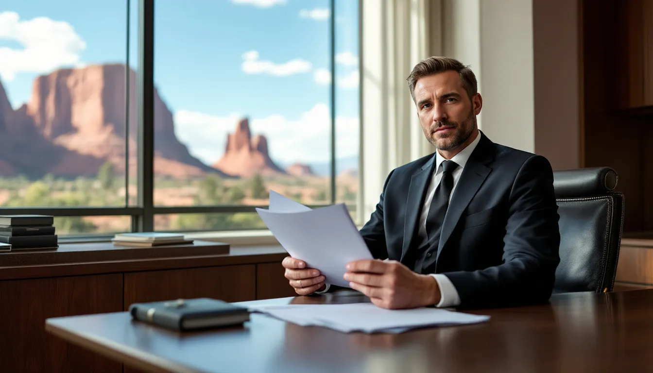 An attorney is seated at a desk in an upscale office, surrounded by a stack of papers, expertly managing complex processes related to personal injury claims, including those from car accidents. In the background, scenic views of Pueblo, Colorado, enhance the professional atmosphere as the lawyer prepares to assist clients with serious injuries and navigate the intricacies of car accident cases.