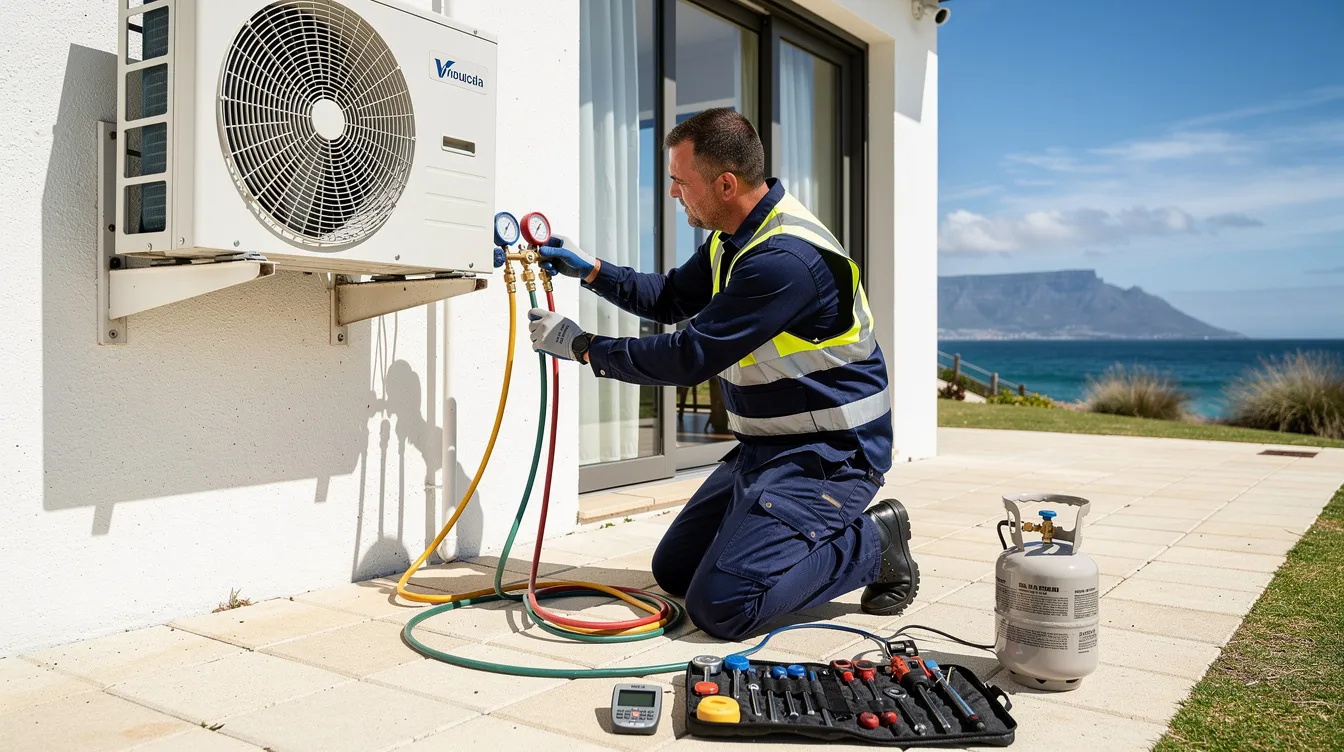 A technician is inspecting the refrigerant levels in a vehicle's air conditioning system during an aircon regas service in Big Bay. The expert is focused on ensuring the aircon components are functioning properly to provide cold air efficiently.
