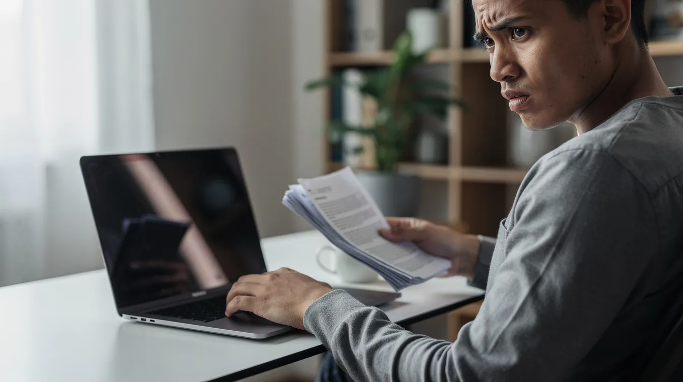 A person with a concerned expression is gazing at a laptop screen while holding several documents, possibly related to their immigration status or visa application. The scene suggests they are checking important details regarding their UK visa or online immigration status.