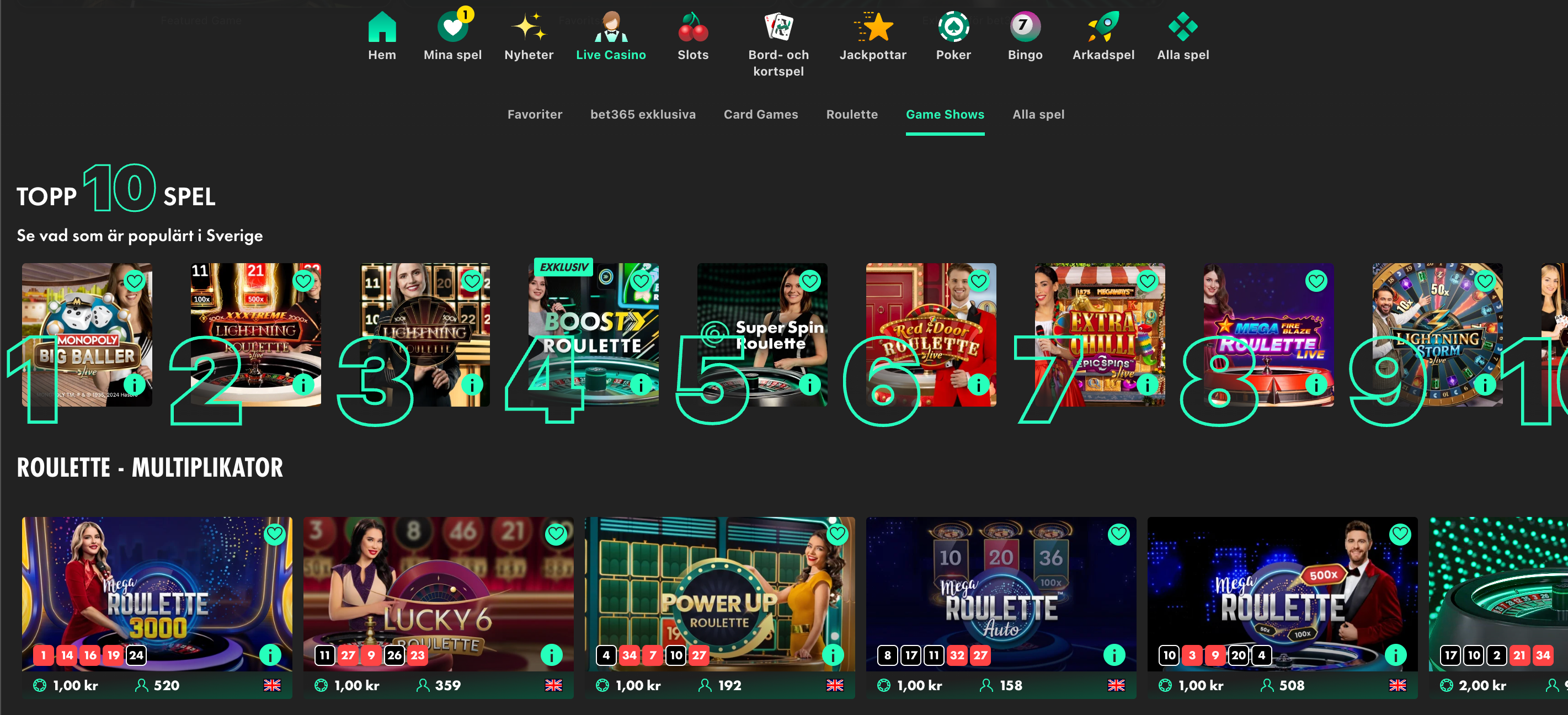 bet365 live casino game shows