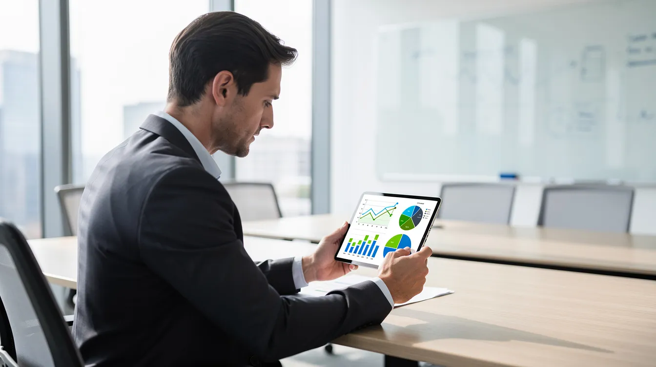 Business owner reviewing financial charts on a tablet.