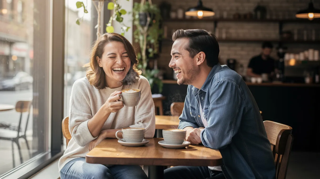 The image shows two people sitting together at a cafe, sharing a joyful moment over coffee while laughing, which reflects a positive sign of a healthy relationship. Their genuine interest in each other and honest communication create a safe space, highlighting the importance of feeling good and connected in life.