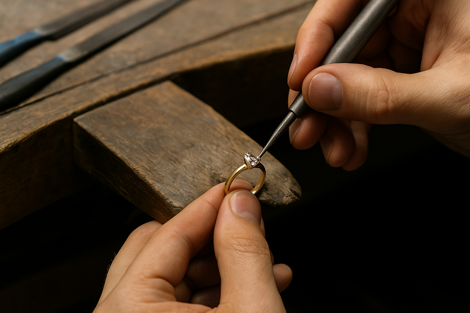 Juveliir FashionGold.lt töökojas valmistamas käsitööna valmivat teemantsõrmust