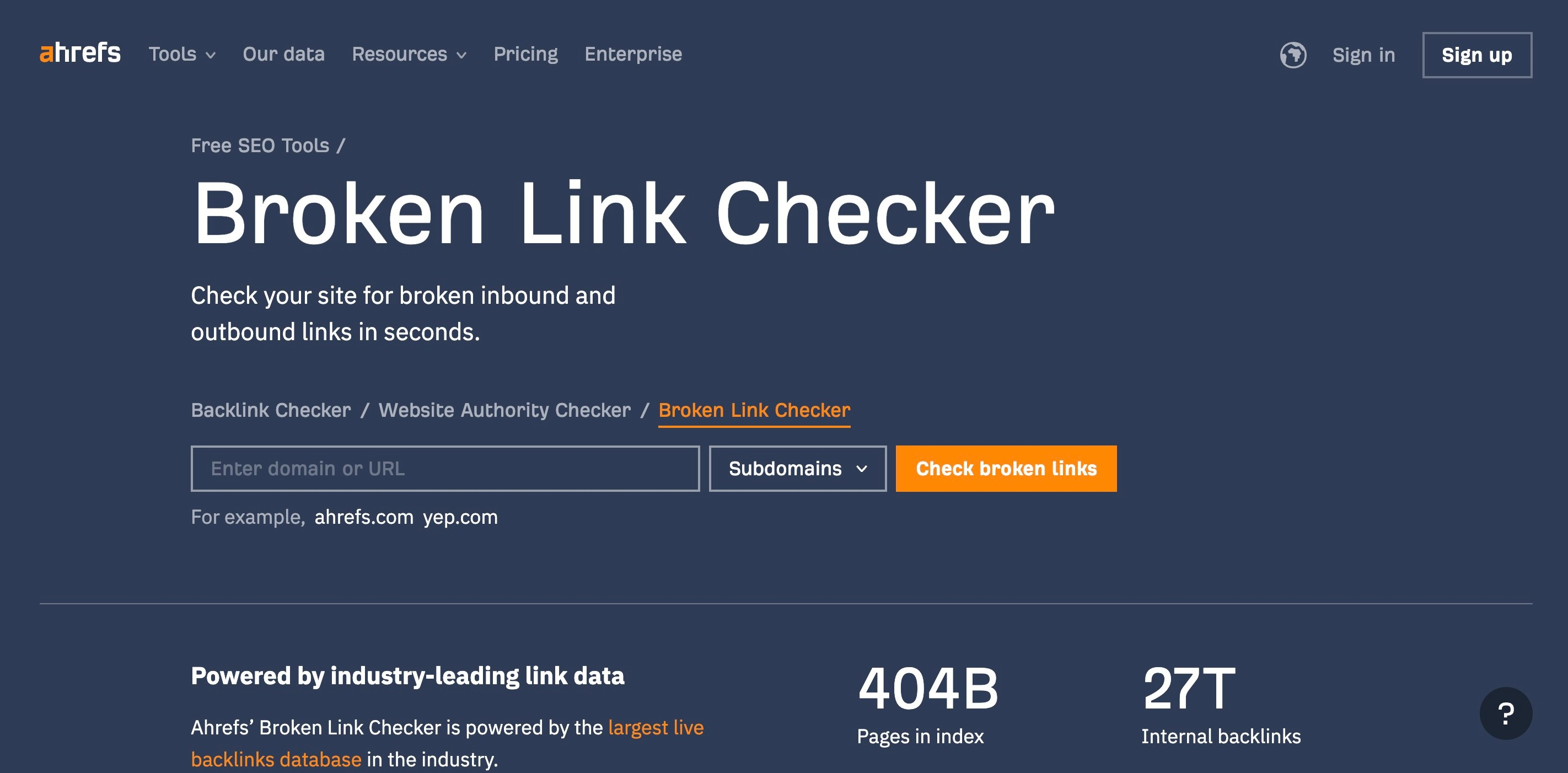 Off page SEO techniques: Broken link building. Screenshot of the Ahrefs broken link checker tool.