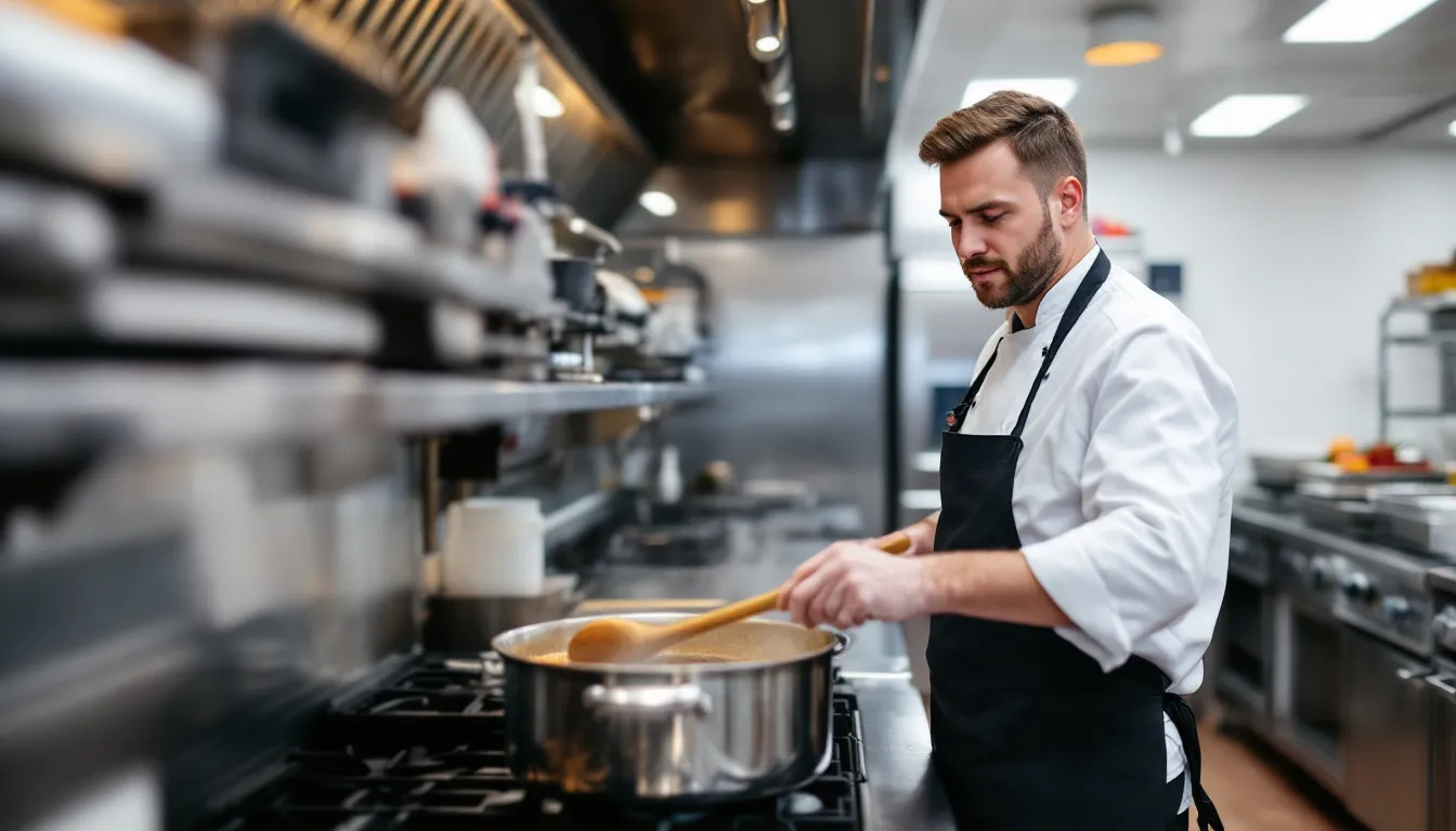 In a bustling restaurant kitchen, a line cook is focused on preparing food, skillfully working at a cooking station surrounded by various ingredients and cooking surfaces. The line cook is responsible for cooking menu items, ensuring food safety, and collaborating with other cooks to deliver meals efficiently in a fast-paced environment.