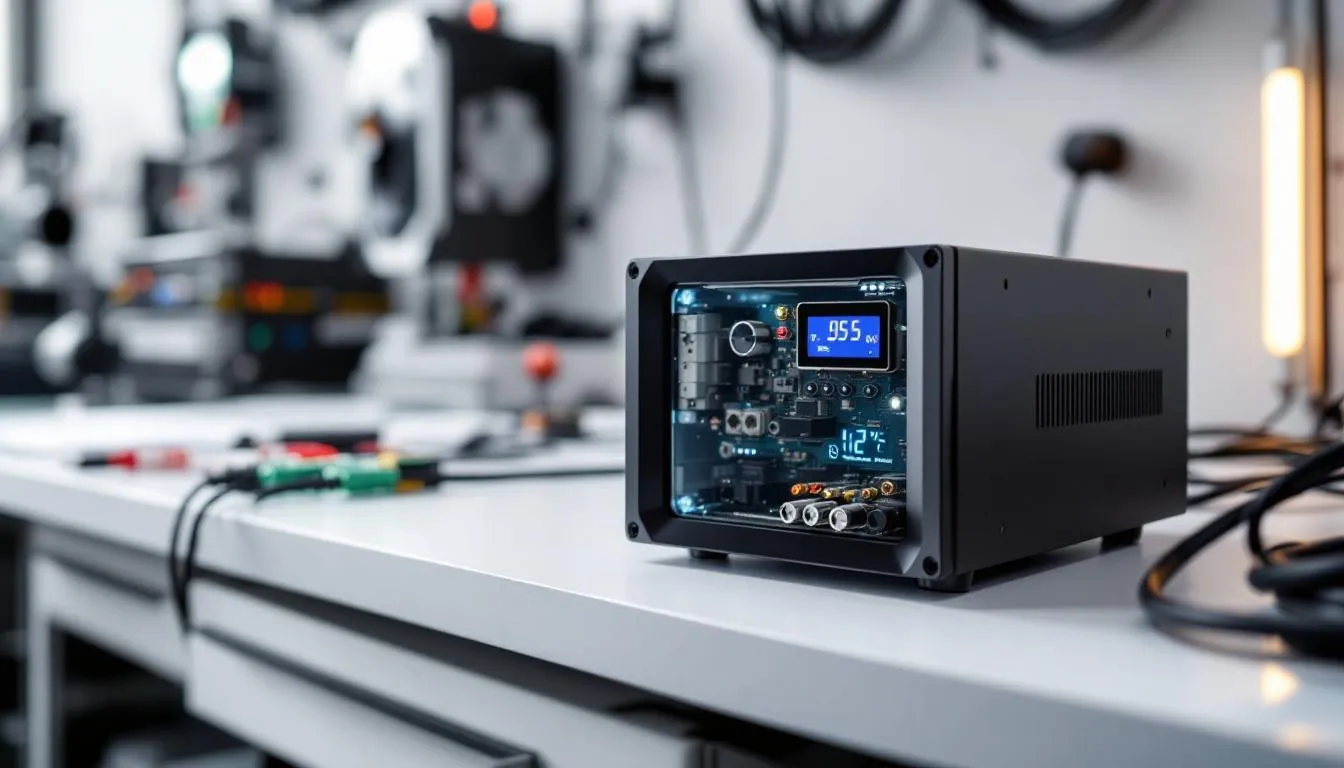 A sleek modern power supply design is depicted, showcasing advanced digital control systems that optimize performance and efficiency. The image emphasizes components related to battery energy storage systems and renewable energy sources, highlighting their role in managing energy flow and providing backup power.