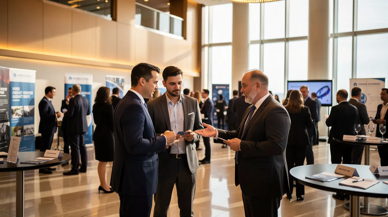 Een professioneel evenement met zakelijke deelnemers die netwerken en gesprekken voeren, waarbij ze streven naar nieuwe contacten en het vergroten van hun zakelijke impact. De sfeer is gericht op het delen van kennis en het behalen van meetbare doelstellingen, wat bijdraagt aan de return on investment van het evenement.