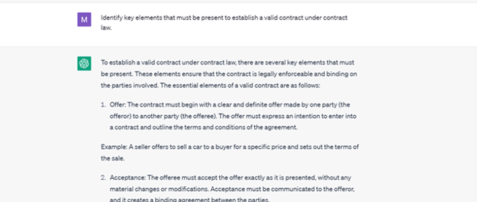 ChatGPT identifying key elements of a valid contract.