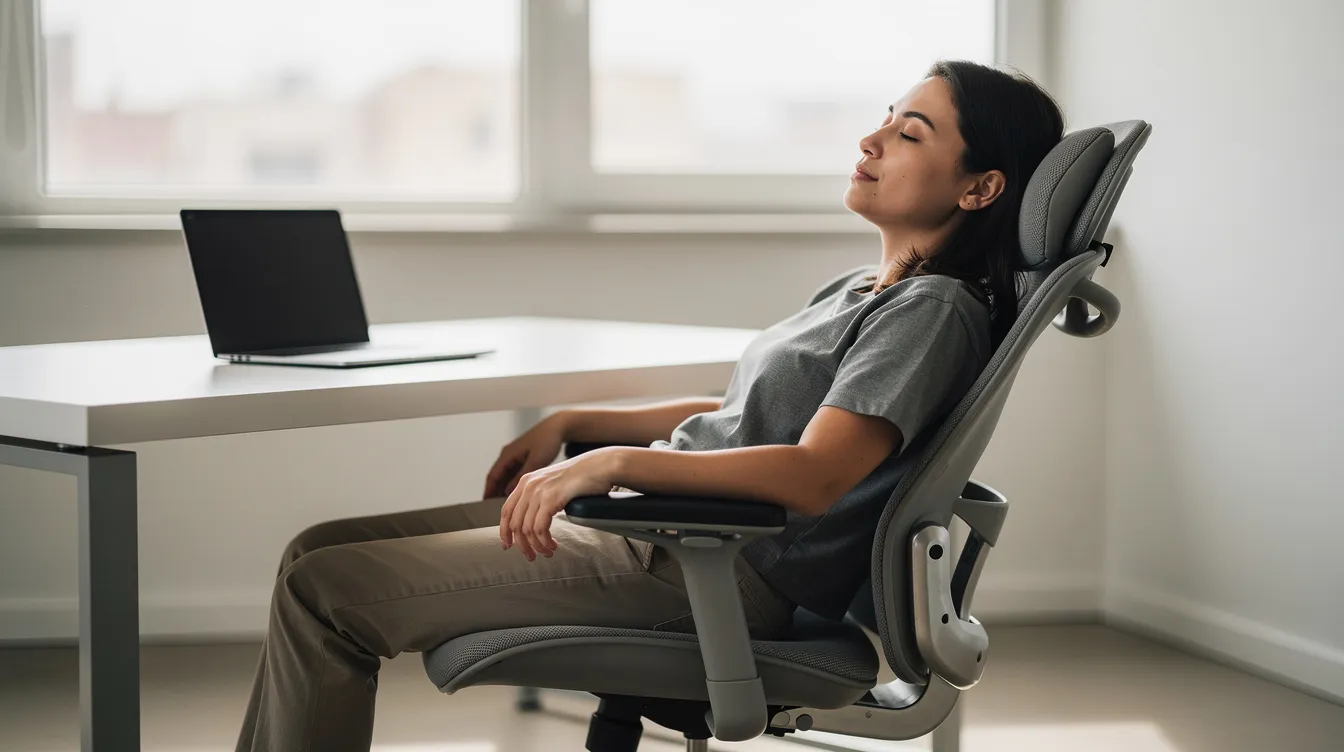 A person is peacefully resting in a modern office chair with their eyes closed, likely enjoying a brief nap to combat sleep deprivation and improve alertness during the early afternoon. This power nap may help them feel refreshed and enhance their mood, contributing to the health benefits of daytime napping.