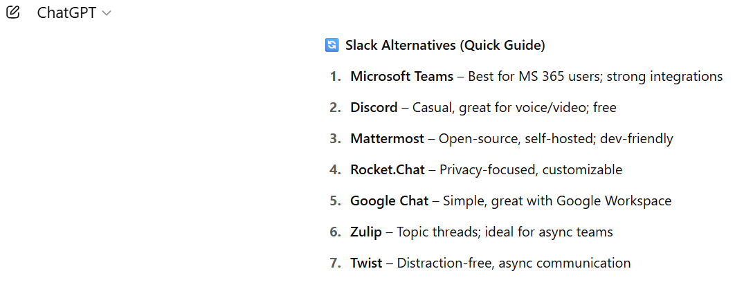 ChatGPT’s recommended alternatives for “Slack alternatives” keyword search