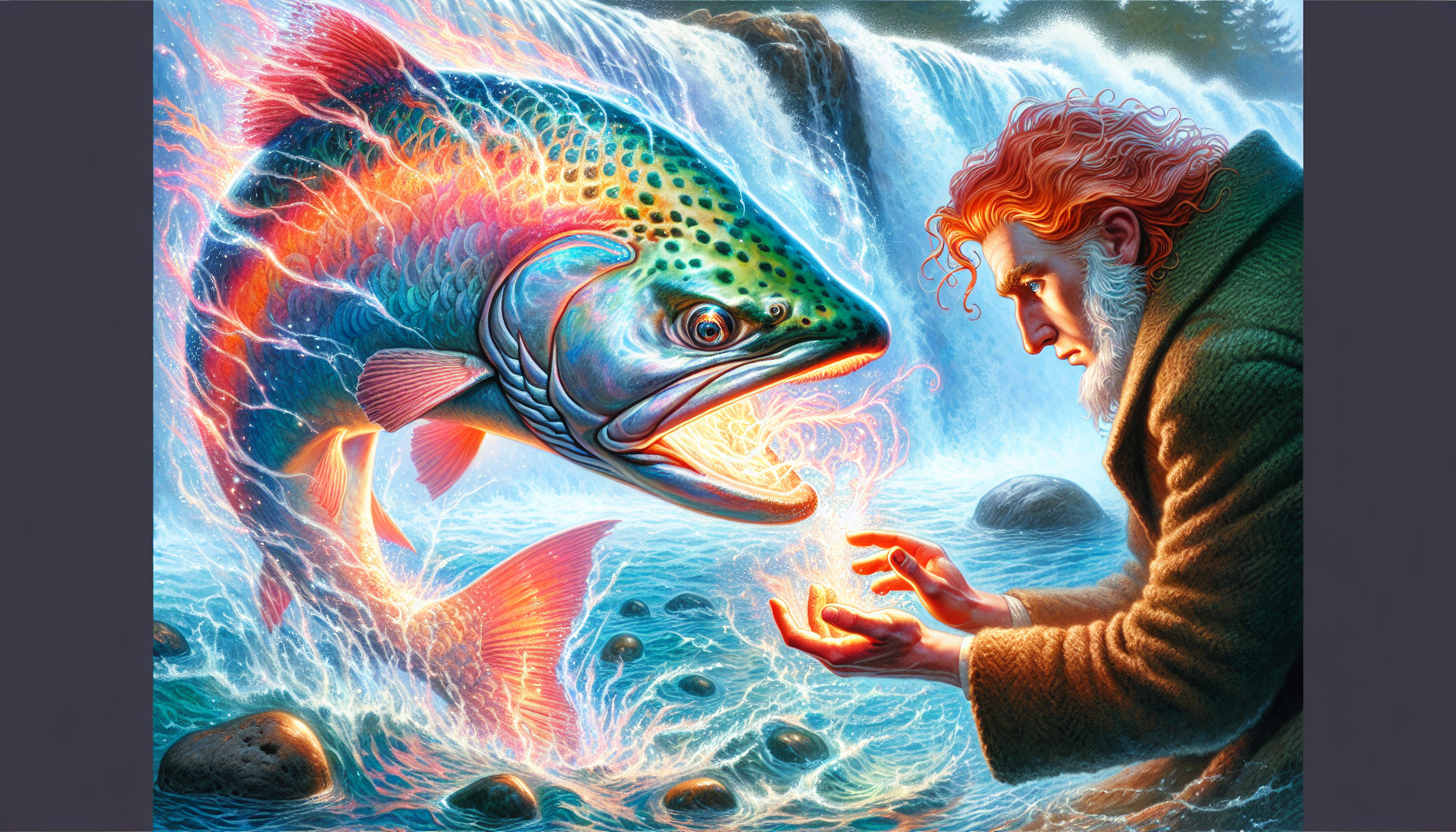 Illustration of Finn McCool gaining wisdom from the Salmon of Knowledge