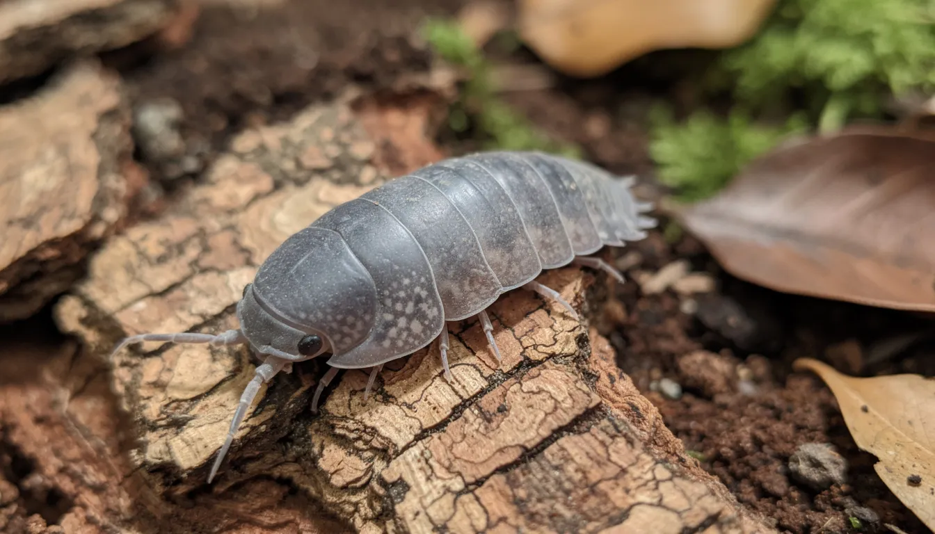 A large grey and spotted isopod, likely a member of the Porcellio genus, is crawling across cork bark in a terrarium setting, showcasing its active behavior in a bioactive setup designed to mimic its natural habitat. This terrestrial isopod is part of a diverse group of crustaceans that thrive in moist areas, contributing to the cleanup crew of the terrarium.