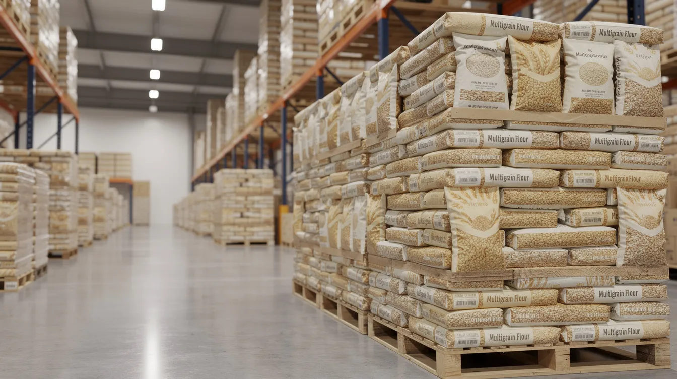 70457700 d44f 44e0 91c2 ce82c04dce14 The image shows neatly stacked bags of packaged multigrain flour inside a clean warehouse, with organized storage racks in the background. This setup highlights the efficiency of a flour mill plant, showcasing the importance of proper space utilization and packaging materials in the flour mill industry.