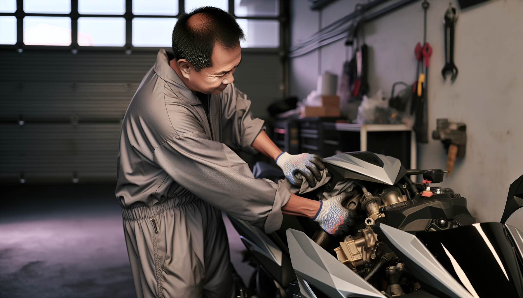 Mechanic performing routine maintenance on a powersports vehicle