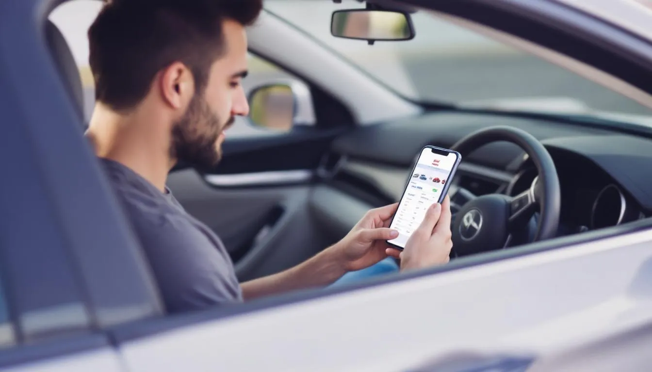 A person is seated in their current vehicle, using a smartphone to research cars, showcasing the intersection of the automotive industry and digital marketing. This scene highlights the importance of a strong digital presence and effective marketing strategies for automotive businesses in attracting potential customers.